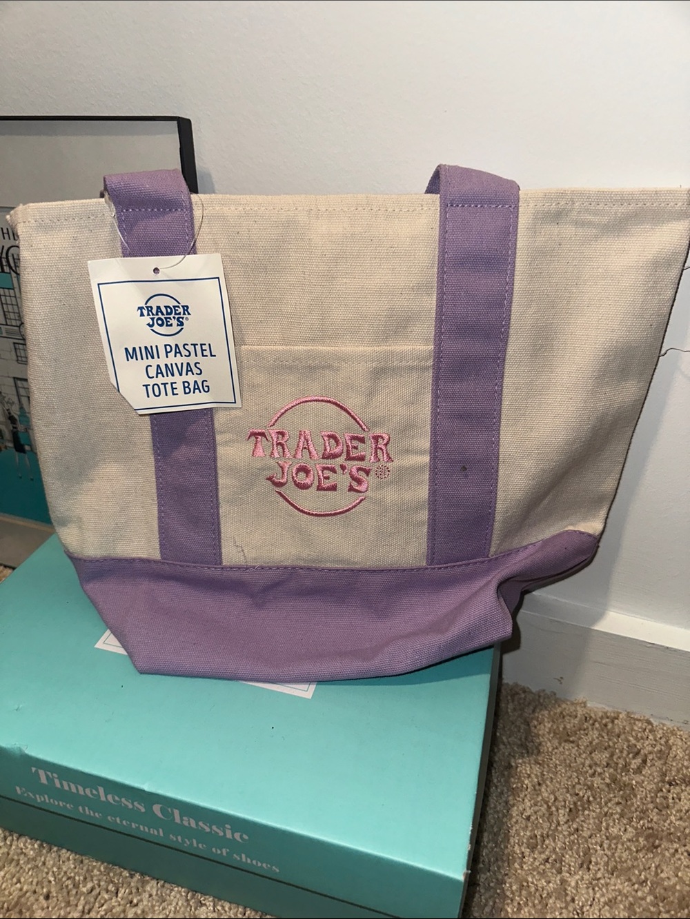 Trader Joe’s mini Canvas Tote Bag in Cream and Lavender